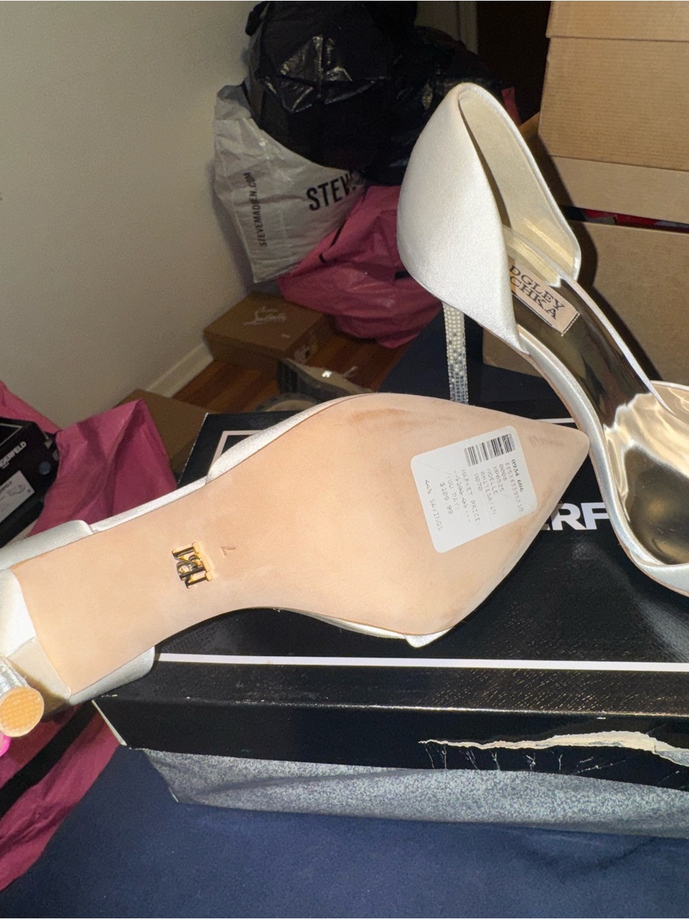 Badgley Mischka Ivory Satin D'Orsay Pointed Toe Heels with Rhinestone Stiletto